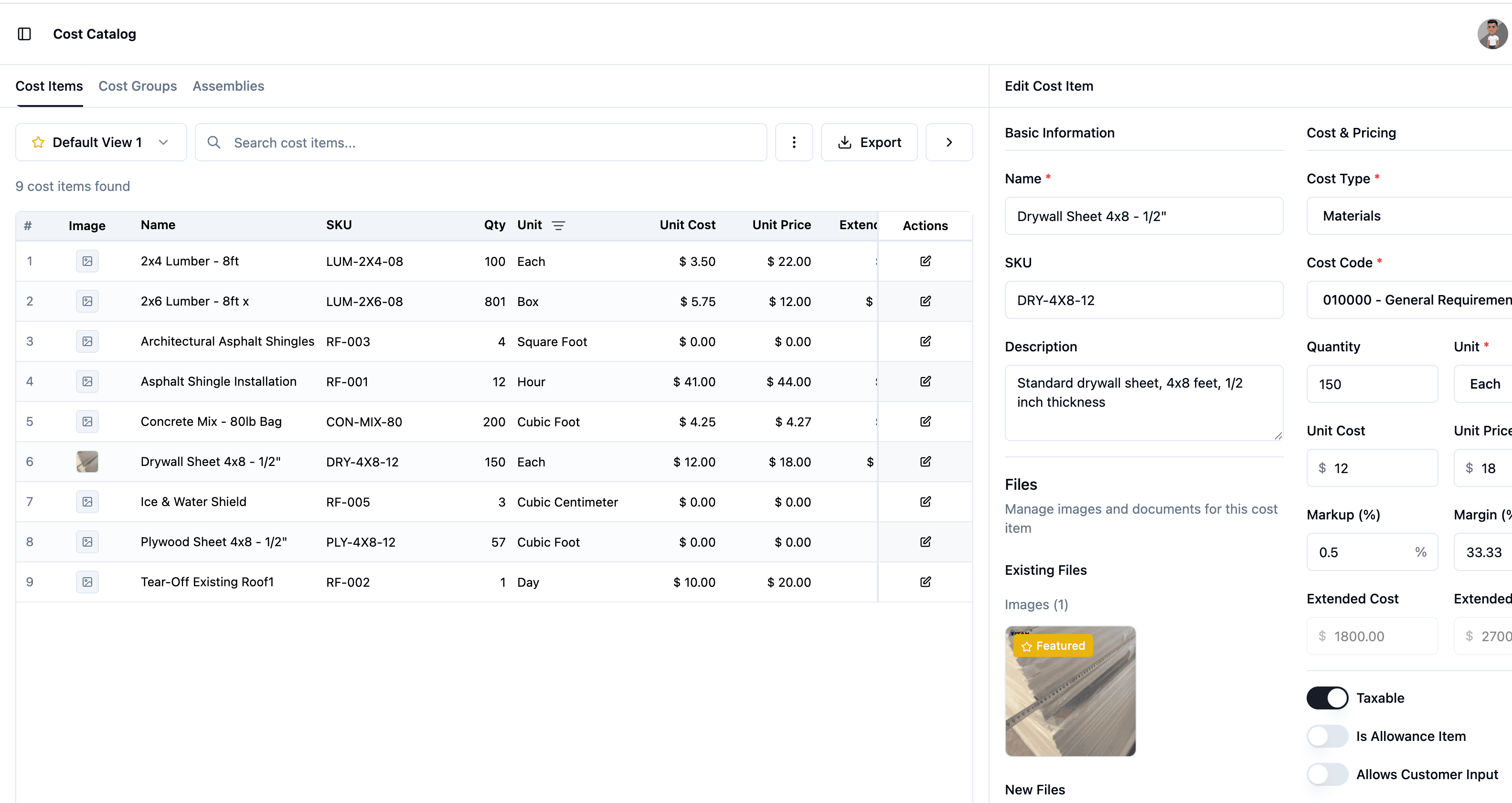 Cost Catalog